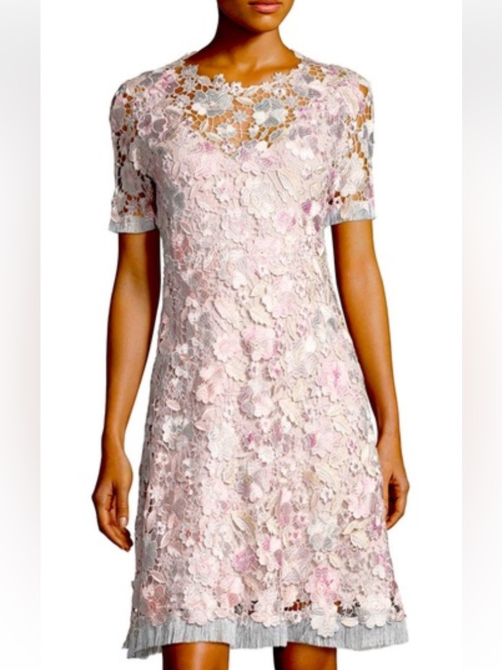 NWT Elie Tahari Laura Dress size 6. Pastel floral appliqués w/fringe. Exquisite
